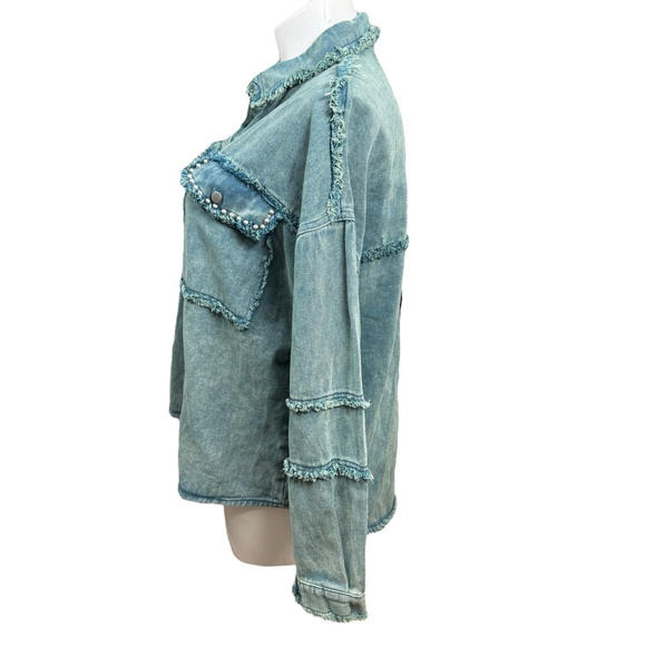 POL Frayed Denim Shacket Jacket Size L Blue Snap Front Distressed Western Style - Picture 7 of 10